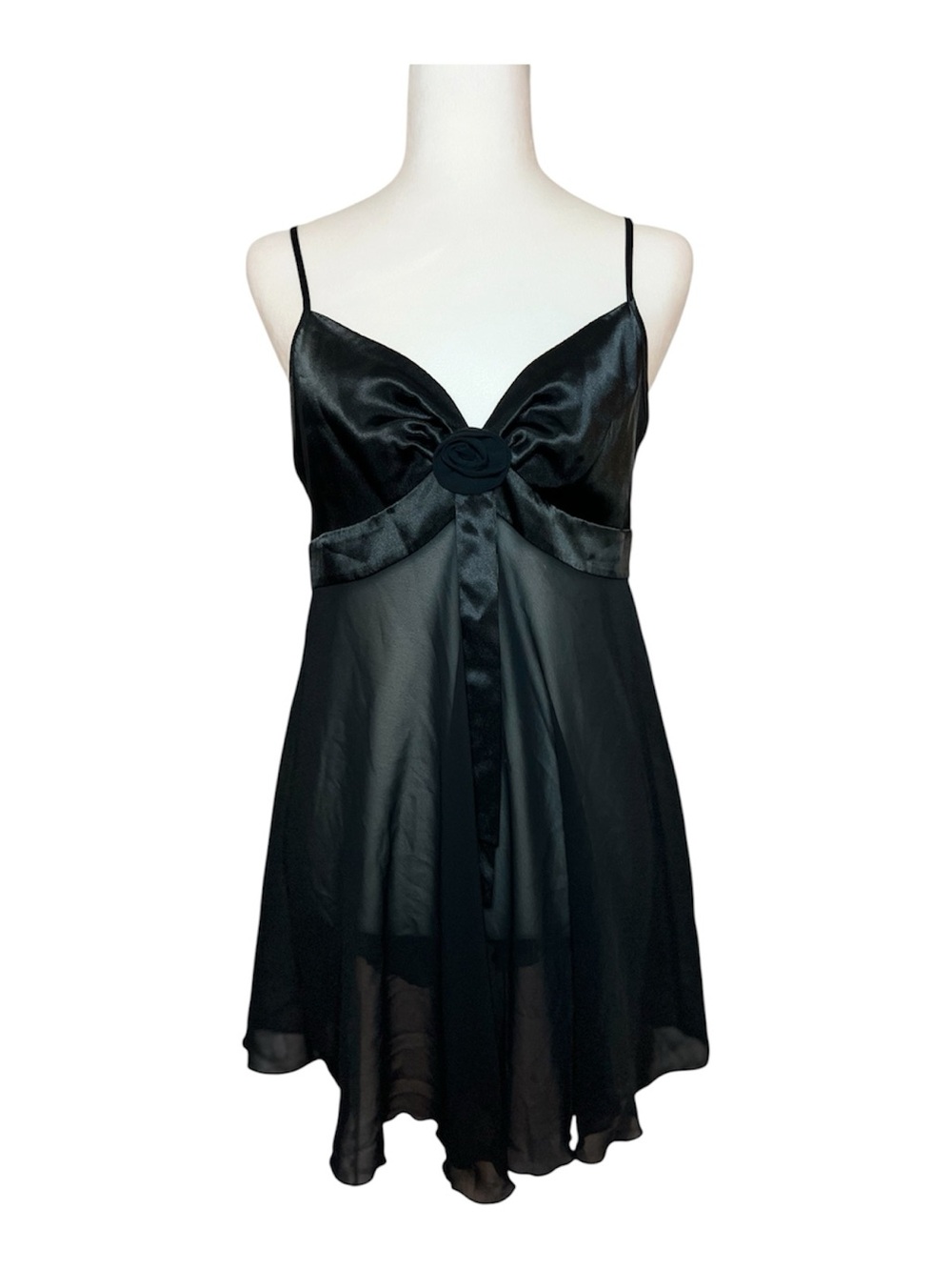 Victoria's Secret Black Satin & Chiffon Chemise with Rosette Small
